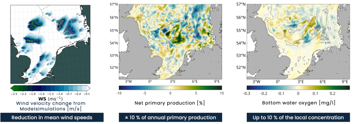 Annual mean changes in wind speed, net primary production and bottom water oxygen concentration, estimated for 120GW OWF scenario, see Akhtar et al. 2022 (left) and Daewel et al. 2022(middle/right). OWFeffects to wind speed and primary production