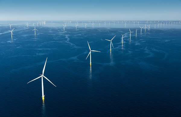 Strömungsmuster in einem Offshore-Windpark vor der Küste Dänemarks.