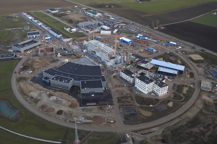 Aerial view of the European Spallation Neutron Source, which is currently being built in southern Sweden.