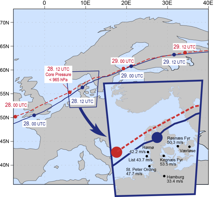 Verlauf des Sturms „Christian“ aus Analysen des DWD (rot) und Rekonstruktionen aus dem CoastDat-Datensatz des HZG (blau). Die Box zeigt den Bereich der ausgewerteten Stationen für die Sturmstatistik. 