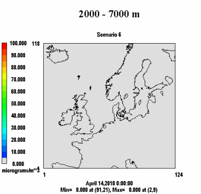  Dynamic of the ash cloud at a height between 2,000 and 7,000 metres; 14–21 April 2010 