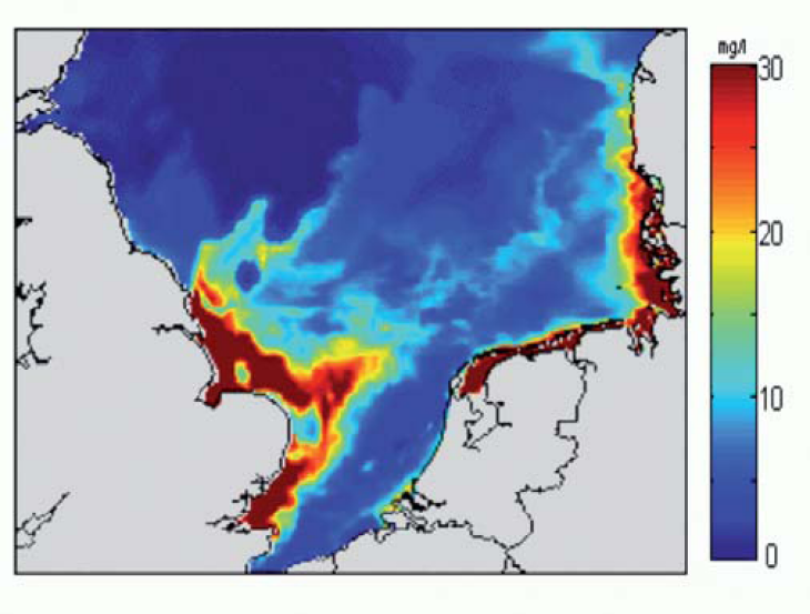 Typische Verteilung von modellierten Schwebstoffkonzentrationen (durch Assimilation von Satellitendaten optimiert) in mg/l an der Meeresoberfläche (22. März 2003, 10:20 h). -Bild: Mikhail Dobrynin / Hereon-