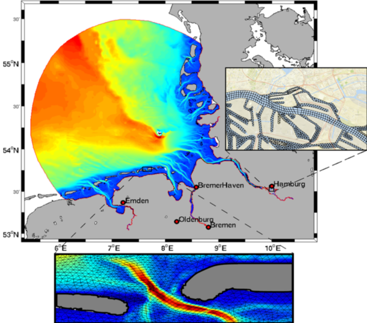 Verteilung des Salzgehalts und Gitterauflösung im Modell SCHISM (Semi-implicit Cross-scale Hydroscience Integrated System Model). -Bild: Hereon-