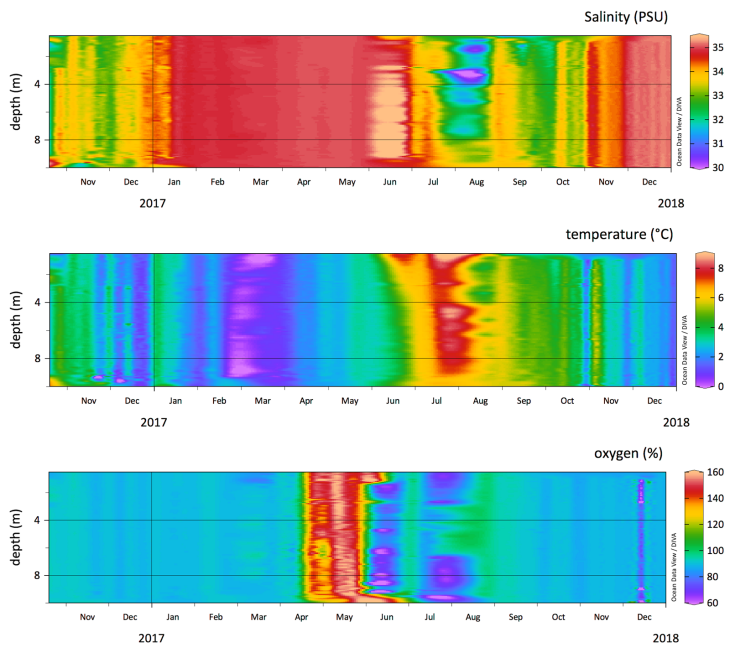 Salzgehalt, Temperatur und Sauerstoff von täglichen vertikalen CTD Profilen am AWIPEV-COSYNA Unterwasserknoten bei Spitzbergen. Die Daten wurden zwischen November 2016 und Dezember 2017 in einer Tiefe von 10-0 m gemessen. -Bild: Philipp Fischer / AWI-