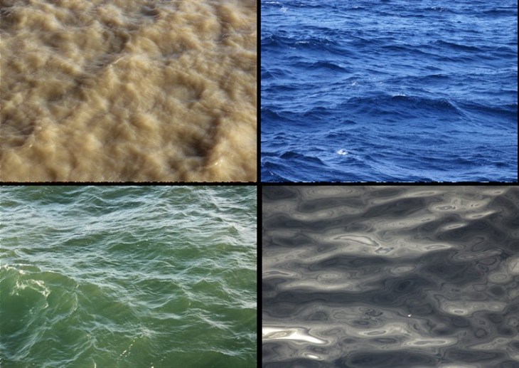 4x Wasseraufnahme: sehr trübes und stark streuendes Wasser in Flussmündungen, tief-blaues Atlantik-Wasser, Nordsee-Wasser mit viel Phytoplankton