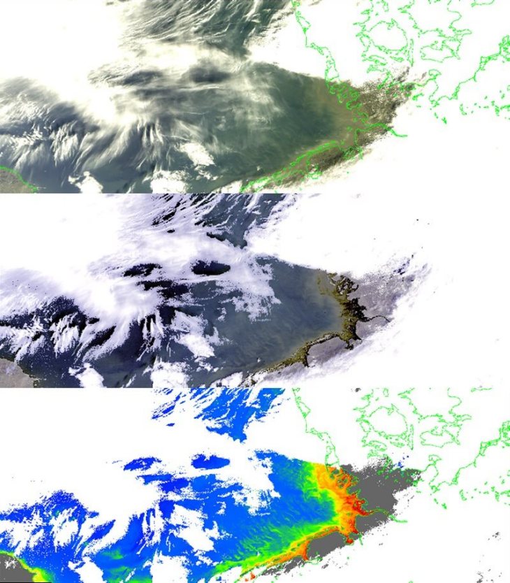 Eine der letzten Satelliten-Szenen der Nordsee von MERIS (Medium Resolution Imaging Spectrometer), aufgenommen am 10.3.2012. Oben ist das "Rohbild", wie es der Satellit sieht, darunter die Atmosphären-korrigierte Szene und unten ist die abgeleitete Biomasse in der Nordsee; genauer gesagt handelt es sich um die Konzentration von Chlorophyll-a in der Einheit [mg/m³].