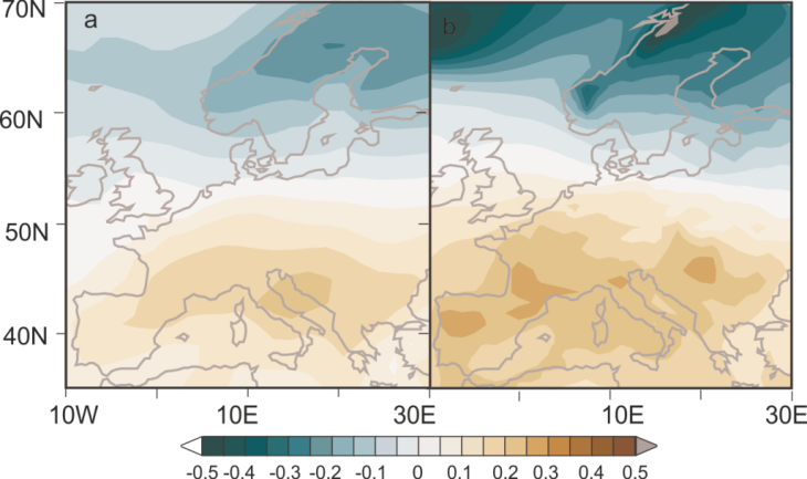 Abweichungen der Oberflächentemperatur in europäischen Sommermonaten (JJA) bezogen auf das Gebietsmittel.