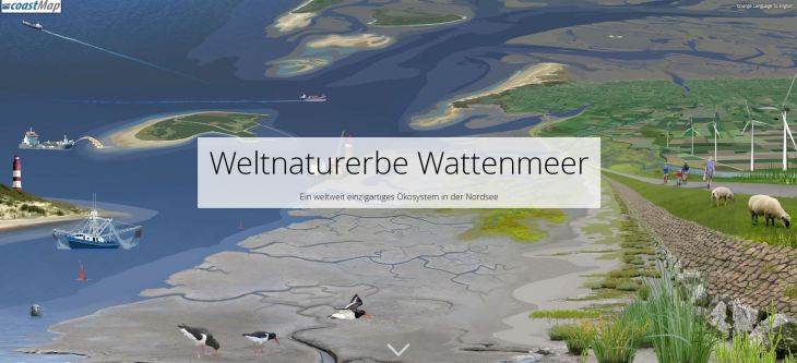 Schriftzug vor Landschaftsgrafik: Weltnaturerbe Wattenmeer