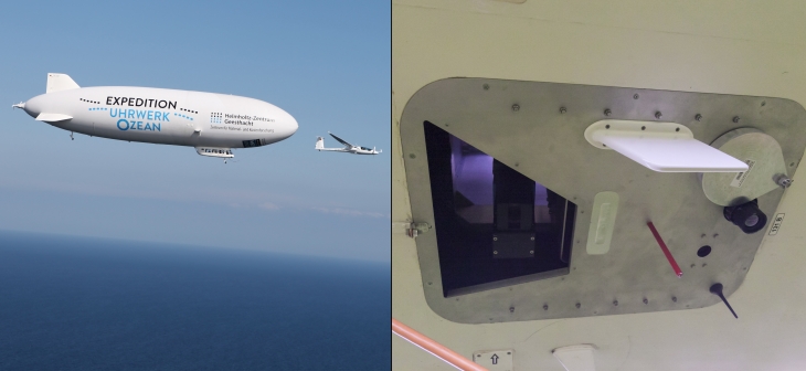 Zeppelin NT, motorglider <i>Stemme</i>, and the IR camera mounted on the zeppelin. <i>-image: Hereon & Janine Martin-</i> Image IR Kamera Zeppelin