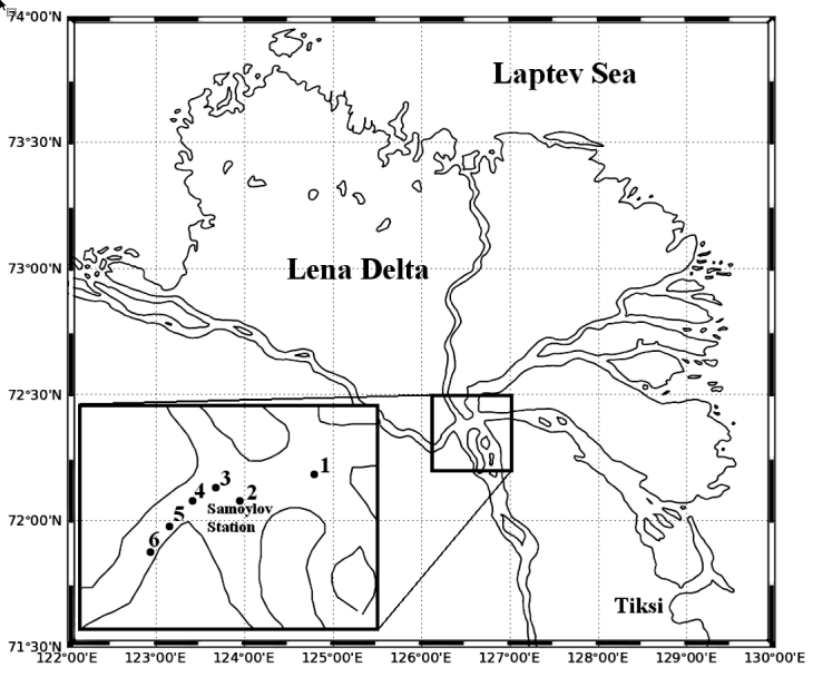 Study area and location of sampling stations in the Lena Delta. <i>-image: Örek, H., Doerffer, R., Röttgers, R., Boersma, M., and Wiltshire, K. H.: Contribution to a bio-optical model for remote sensing of Lena River water, Biogeosciences, 10, 7081-7094, https://doi.org/10.5194/bg-10-7081-2013, 2013. CC BY 3.0-</i> Image Lena Delta.png