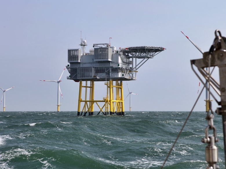 View of a transformer platform in the offshore wind farm