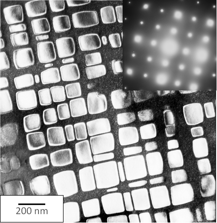 Y/Y'-Mikrostruktur einer neuen Co-Basis Superlegierung – das Beugungsmuster zeigt die Reflexe der kubischen Matrix und der geordneten, kohärent eingebetteten Ausscheidungsphase.