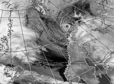 Satellite picture of a polar low over the north of Scandinavia (Copyright: University of Dundee).