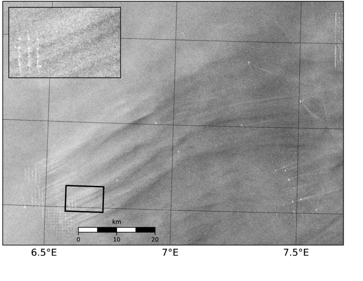 Radaraufnahme des Satelliten Sentinel- 1 (ESA) über dem Windpark Alpha Ventus aus dem Jahr 2015.