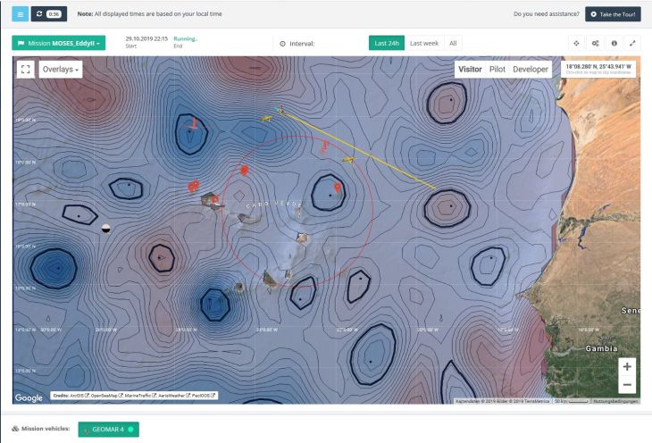 Screenshot from the GEOMAR Navigator. It shows the oceanic eddies around the Cape Verde Islands.