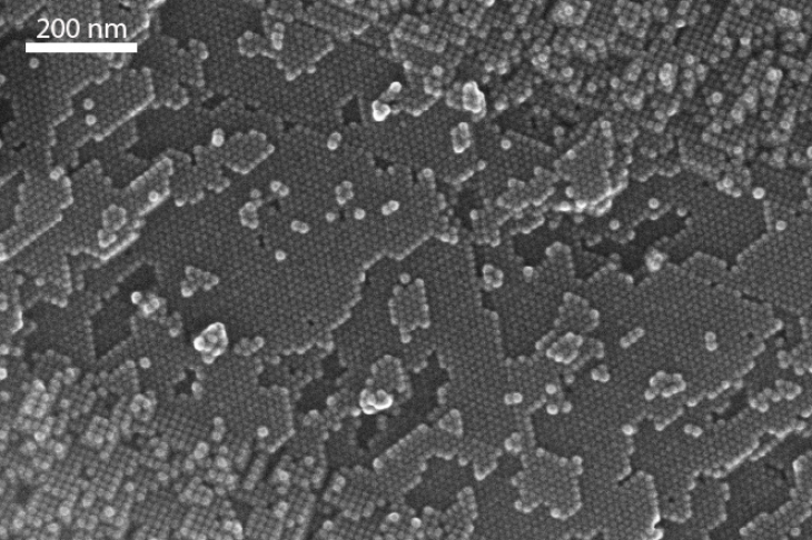 Rasterelektronenmikroskopische Aufnahme der regelmäßig angeordneten Eisenoxid-Nanoteilchen. 