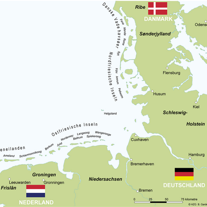 Karte von Ribe in Dänemark über Schleswig-Holstein, Hamburg und Niedersachsen bis nach Frislan in den Niederlanden.