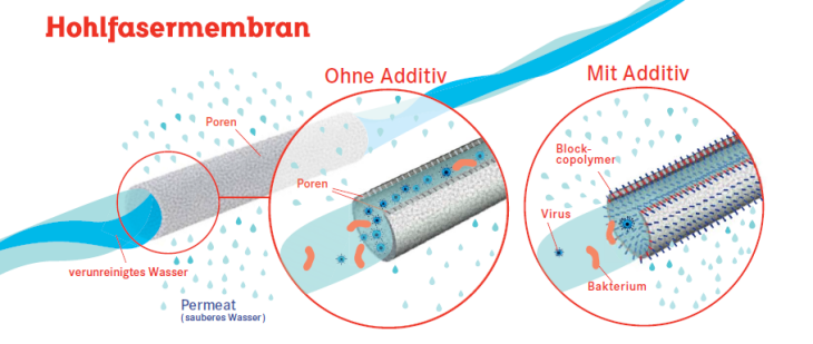 Links in der Grafik ist das Grundprinzip der Abwasserreinigung mithilfe von Hohlfasermembranen dargestellt. Im mittleren Abschnitt wird gezeigt, dass sich in einer Hohlfasermembran ohne Additiv Viren und Bakterien ablagern (Fouling). Dadurch fließt weniger Wasser durch die Poren der Membran. In der rechten Abbildung ist die Hohlfasermembran mit dem Additiv, einem Blockcopolymer, abgebildet. Dieses maßgeschneiderte Polymer verhindert, dass Bakterien und Viren die Poren zusetzen, wodurch der Permeatfluss erhöht wird.
Grafik: RoseFlohr Kommunikation Hohlfasermembran Grafik