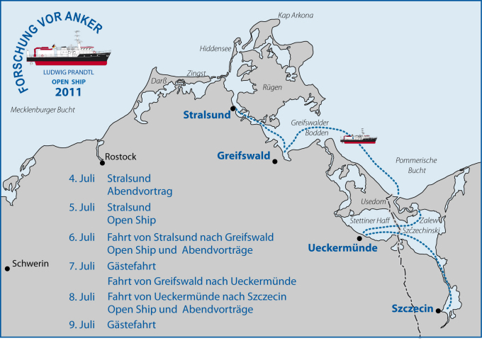 Stationen und Routen der "Forschung vor Anker Tour" mit Ueckermuende