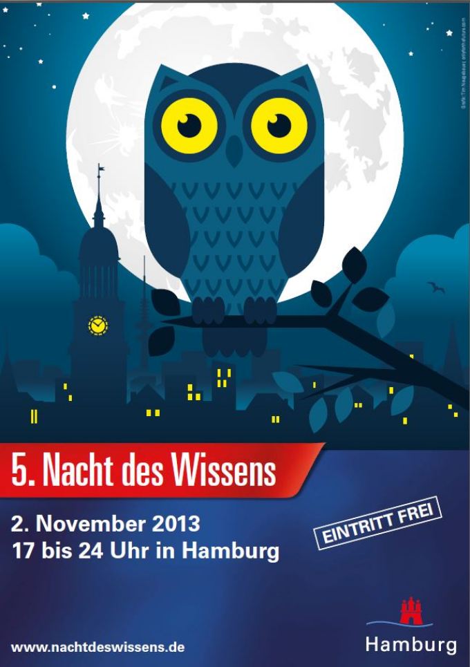 Plakat 5. Nacht des Wissens 2. November 2013, 17 bis 24 Uhr in hamburg Eintritt frei, www.nachtdeswissens.de